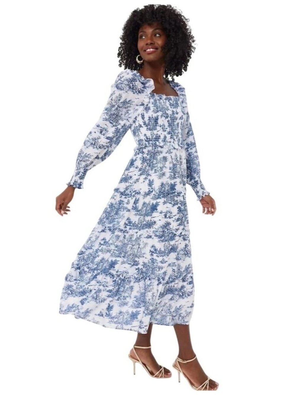 Hyacinth House Long Sleeve Georgina Midi Dress in Blue Toile XXSmall New Womens